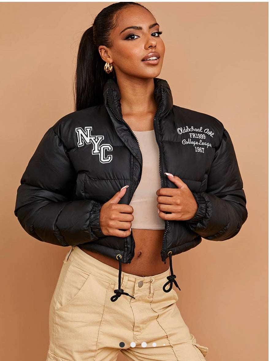 NYC Embroidered Cropped Puffer Jacket